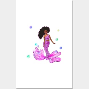 Mermaid - Coco the Magical rainbow mermaid with brown eyes, flowing Afro hair and caramel brown skin - light background Posters and Art